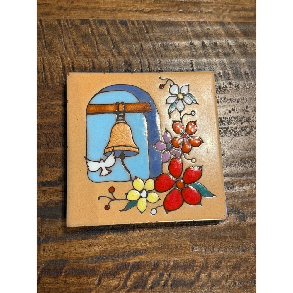 Masterworks Handcrafted Art Tiles Ceramic Trivet Bell Dove Floral 6x6 USA Made